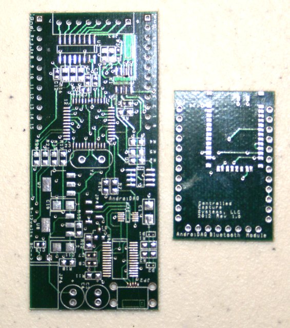 Bare AndroiDAQ circuit board with bare Bluetooth radio compatible circuit board 
